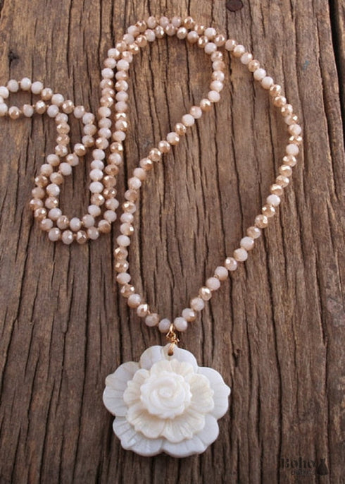 Boho Necklace, RH Crystal White Rose